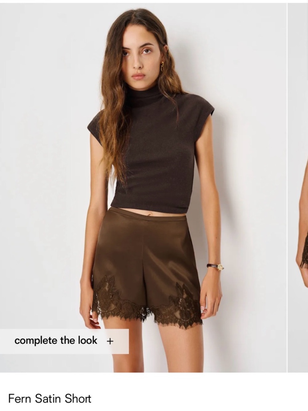 Reformation Brown Satin Lace-Trim Shorts